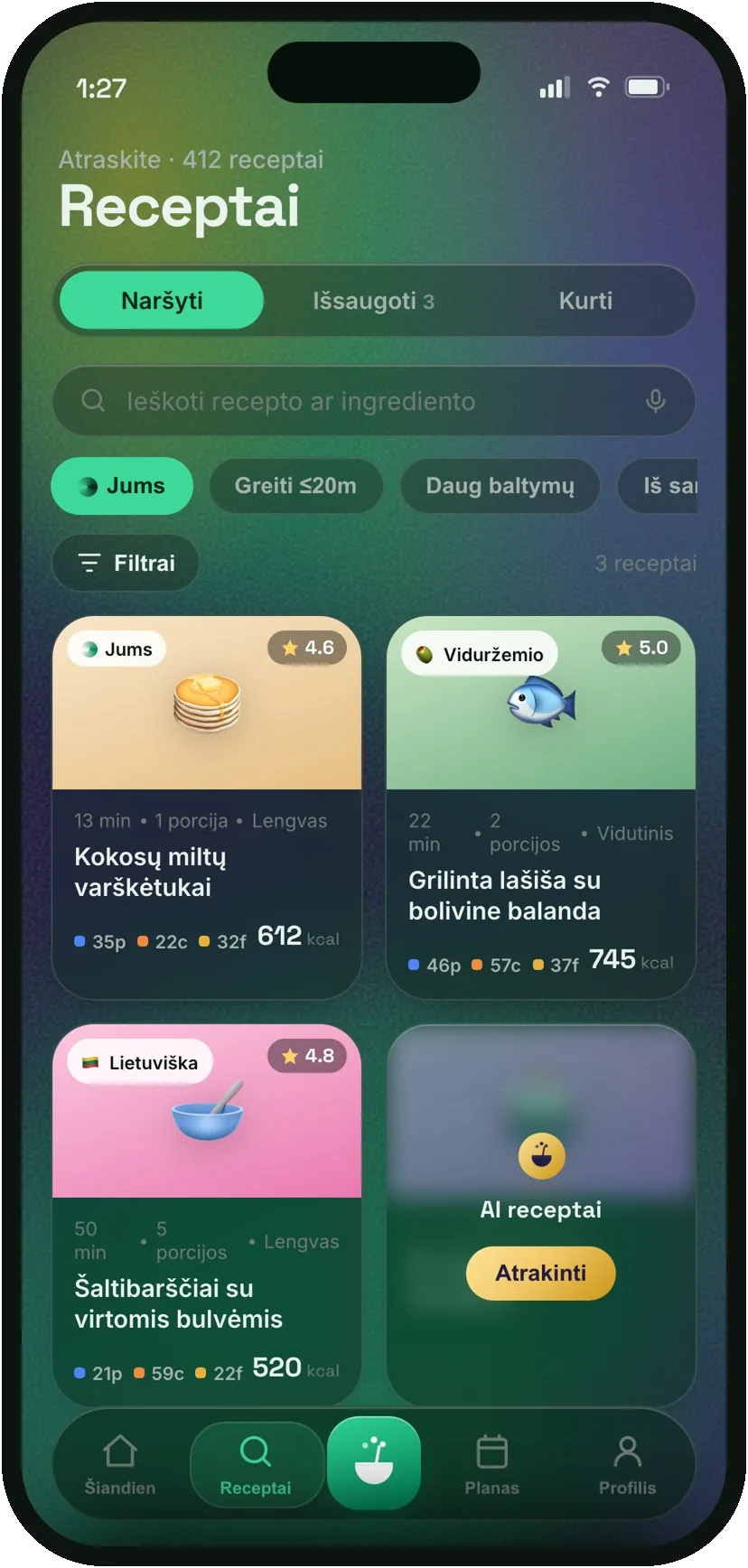 Maistiqo receptų ekranas programėlėje